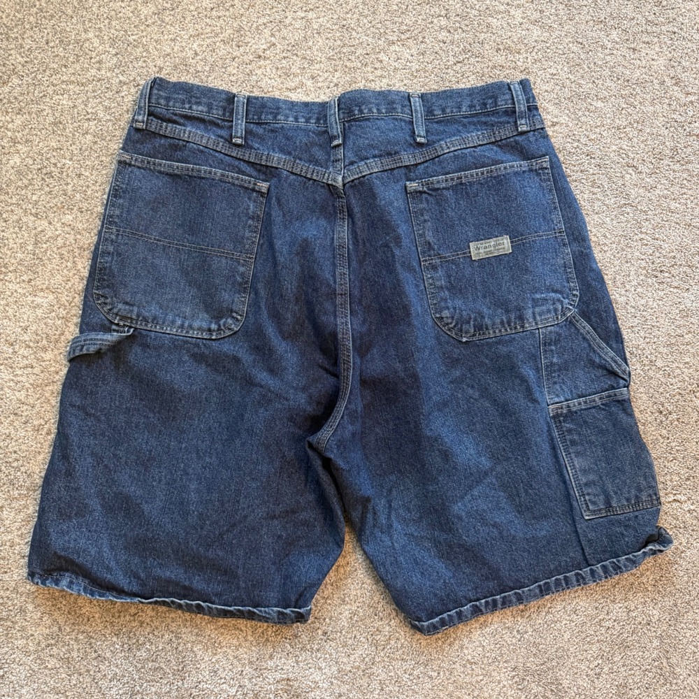 Baggy Wrangler Mens Carpenter Denim Shorts Dark Wash Blue Workwear Size 38